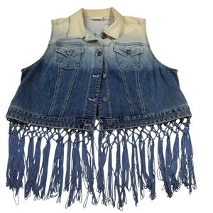 Chico's Blue and Cream Ombre Denim Fringe Vest
